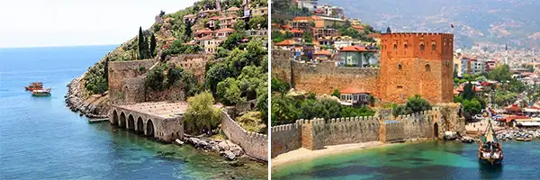 View of Red Tower and Alanya Shipyard from the sea